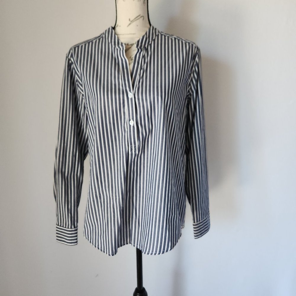 Parker Smith Striped Peyton Sleeve Shirt Pull-Over 100% Cotton Blue White
